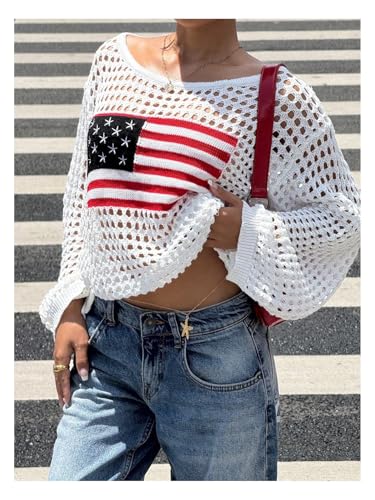 Floerns Women's Hollow Out Knit Sweater Long Sleeve Scoop Neck 4th of July Pullover Tops3
