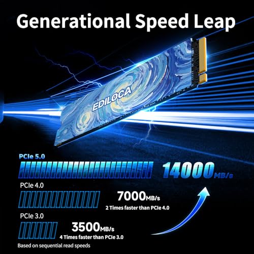 Image of Ediloca SSD 1TB NVMe PCIe 5.0x4, Up to 14,000MB /s Read, 10,000MB /s Write, 1TB SSD with 1GB LPDDR4 DRAM & Dynamic SLC Cache, M.2 2280 3D TLC NAND for Gaming /Video Editing /PC /Laptop (EN1400 Max)
