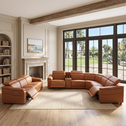 Image of Power Recliner Sectional Sofa, L-Shaped Living Room Furniture Set, Reclining Sectional Couch with Storage Console /Cup Holder for Living Room /House /Apt (Light Brown, Sectional+Sofa)