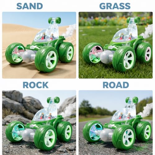 Image of SMART BOY 360 Rotational Stunt Remote Control Car for Kids, USB Rechargeable RC Toy for Boys and Girls, Mist Smoke Effect, Lights & Music, Anti-Skid Rubber Tires - Indoor Outdoor Car 9883 Green