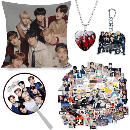 Kit de Regalo para Niños de Stray Kids, Artículo de Fan de Stray Kids - 1 funda de almohada - 1 collar - 95 pegatinas de StrayKids - 1 llavero - 1 abanico de mano circular