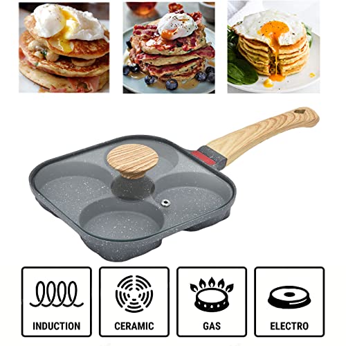 Image of Fried Egg Pan, Egg Frying Pan with Lid Nonstick 4 Cups Pancake Pan Aluminium Alloy Cooker for Breakfast(Black)