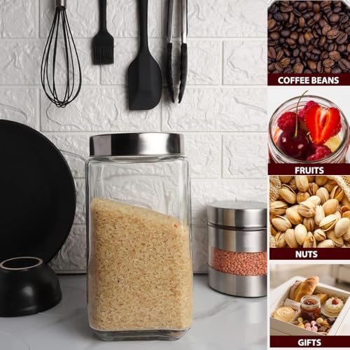 Image of Glassbunny Cube 4000ml Glass Square Shape Transparent Jars & Containers for Kitchen Pantry, Snacks, Masala, Pickles, Coffee Beans Storage with Steel See Through Lid 1Pc