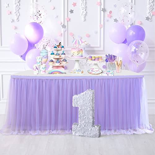 72in Lavender Tulle Table Skirts for Rectangle Tables 6/4ft, 2-Layer Gold Grim Lilac Purple Ruffle Tulle Tutu Cloth Table Skirt 6ft for Mermaid Birthday Party Baby Shower Dessert(No Table Cover) by NSSONBEN - Image 7