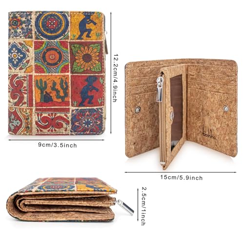 Image of Eco Cork Friendly RFID Blocking Wallet Bi-fold Card Holder Vertical Wallet With Zippered Coin Purse & ID Window