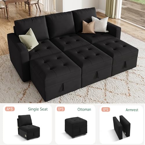 Image of HONBAY Modular Sleeper Sectional Sofa Bed with Storage,Velvet Black