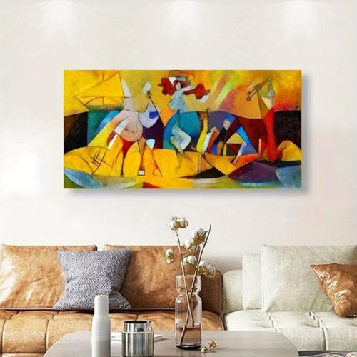 Tableau abstrait jaune et rouge d'exception 70x144cm sous cadre noir premium