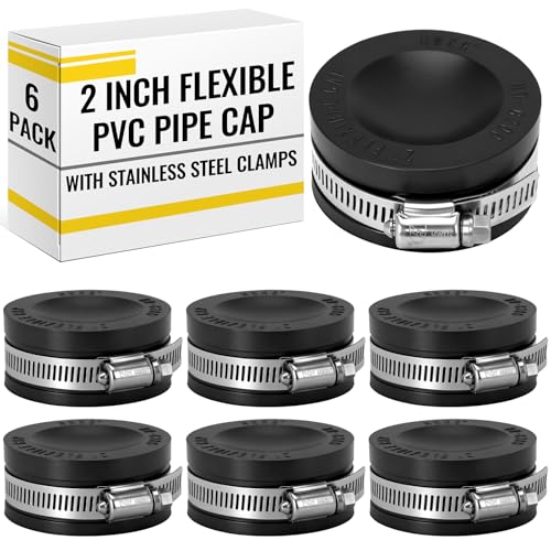 Image of 6 Pack 2 Inch Flexible PVC Pipe Cap with Stainless Steel Clamps - Black Durable End Caps for Drainage, Wastewater & Vent Pipes, Above /below Ground Use