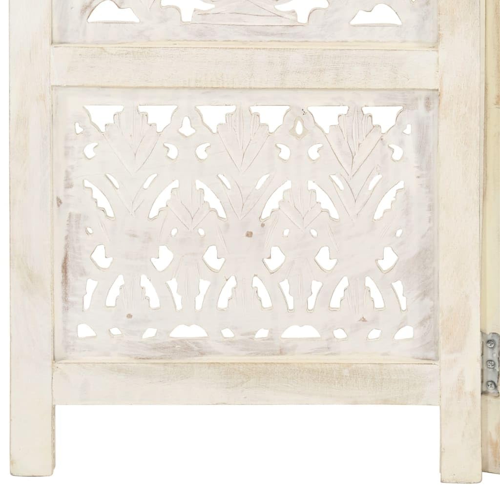 vidaXL Biombo 3 Paneles Tallado a Mano Madera Mango Blanco 120x165 cm