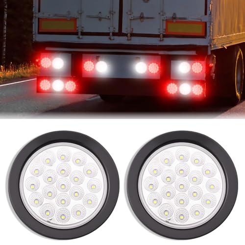 Image of 2PCS 4 Inch 19LED Red+White Round Led Trailer Tail Lights,Brake Stop Turn Signal Light w /Grommets,12V,IP67 Waterproof,3-Prong Wire Pigtails