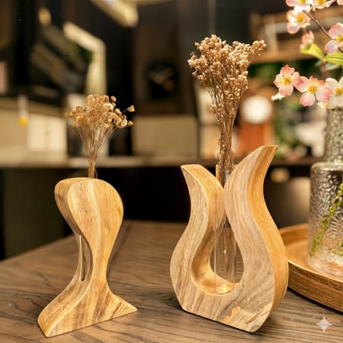 Holzvase Deko 2er Set Vasen Klein Tischdeko – Handgefertigte Vasen Deko aus massivem Mangoholz –...