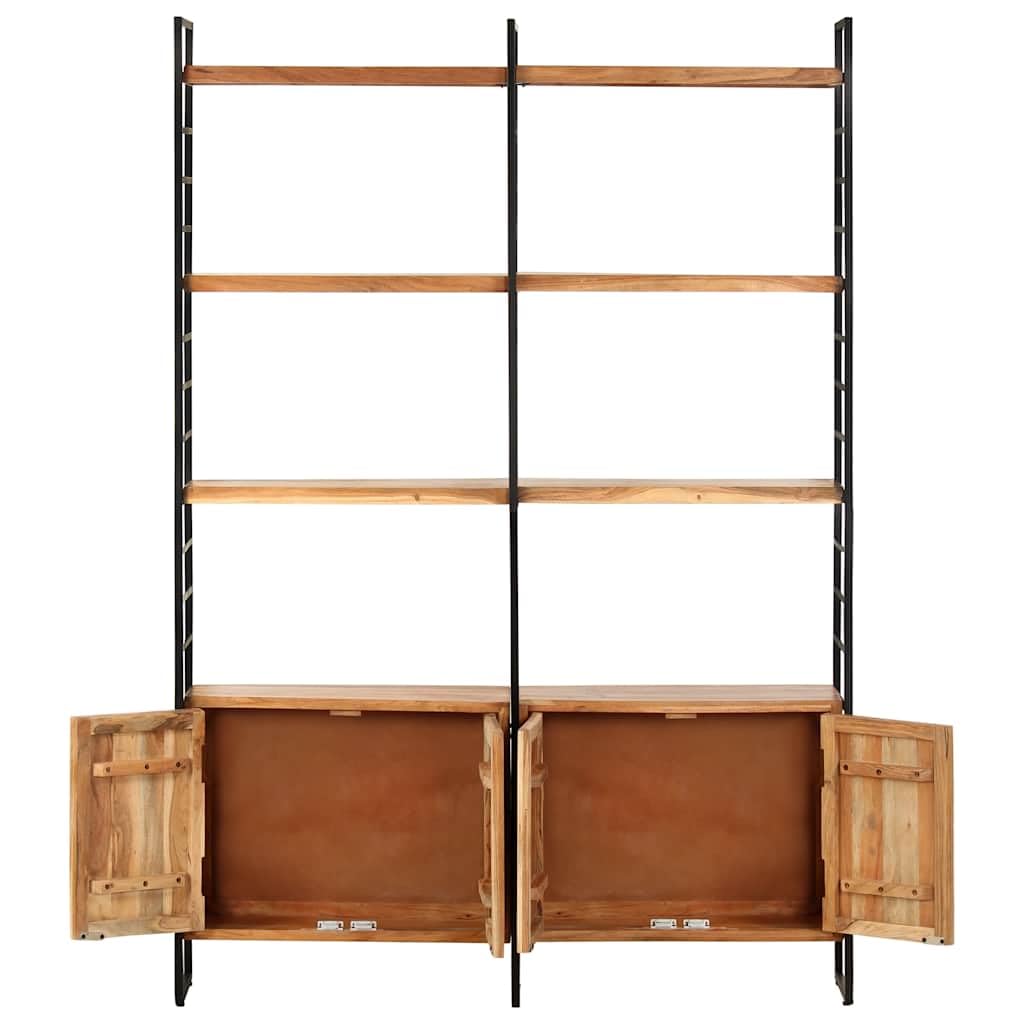 Libreria a 4 livelli in legno di acacia massiccio con 4 porte, 124 x 30 x