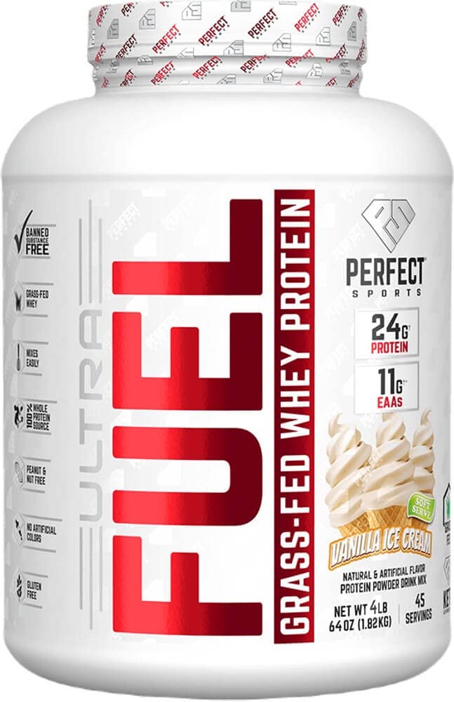 PERFECT SPORTS Ultra Fuel 100% Grass-Fed Wey Protein | No Artificial Colors, Gluten Free, Keto | Low Sugar | 11g EAAs, 2g Carbs, 24g Protein | 4 Pounds (Vanilla Ice Cream)