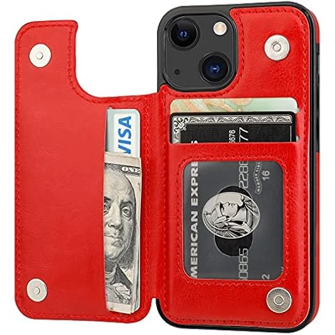 ONETOP Compatible with iPhone 13 Mini Wallet Case with Card Holder, PU Leather Kickstand Card Slots Case, Double Magnetic Clasp and Durable Shockproof Cover 5.4 Inch(Red) Cover