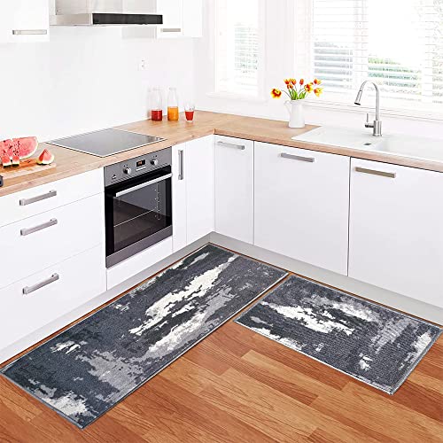 Image of Matz&More Anti Slip Kitchen Runner & Doormat Combo (50x120cm + 40x60cm), Nylon Tufted Floor Mat with Rubber Backing, Carpet for Kitchen, Hallway, Bedroom, Bathroom, Entrance & Bedside, Abstract Blue