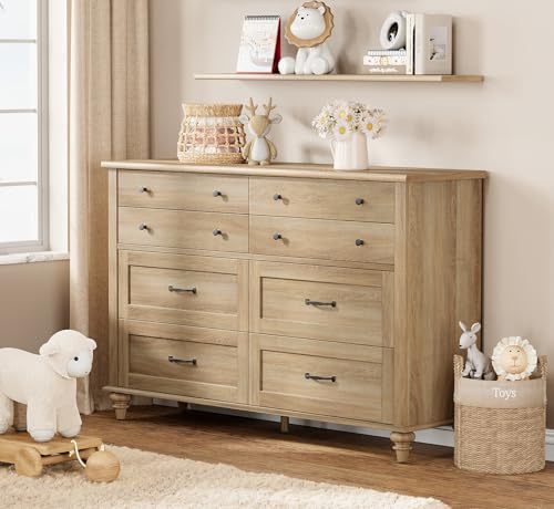 Image of WAMPAT Baby Dresser with 8 Drawers for Kids Room, Farmhouse Kids Dresser Wooden Double Dresser for Bedroom, Wide Dresser Organizer for Children’s Bedroom, Nursery Furniture, 54 Inch, Oak