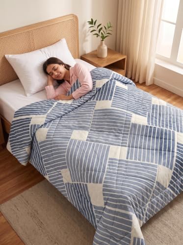 Image of Mafatlal 120 GSM Tulip Reversible Single AC Comforter | Premium Microfiber All Season Blanket Quilt |Lightweight Dohar Duvet for Bedroom & Travel | 154 x 228 cm | Denim Blue