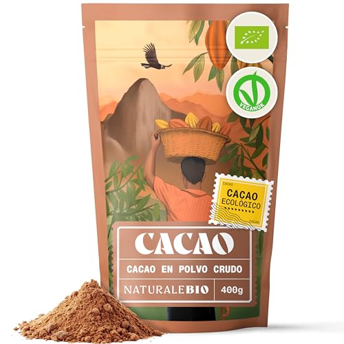 NaturaleBio Cacao Ecológico en Polvo 400g. Organic Powder. Bio, Natural y Puro producido a partir de Granos Crudos de la planta Theobroma. Sin Azúcares Añadidos. Testado para Metales Pesados.