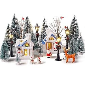 34 Pieces Christmas Village Houses Set, Mini Christmas Trees Christmas Accessories Set Mini Bare Branch Trees Snowman…