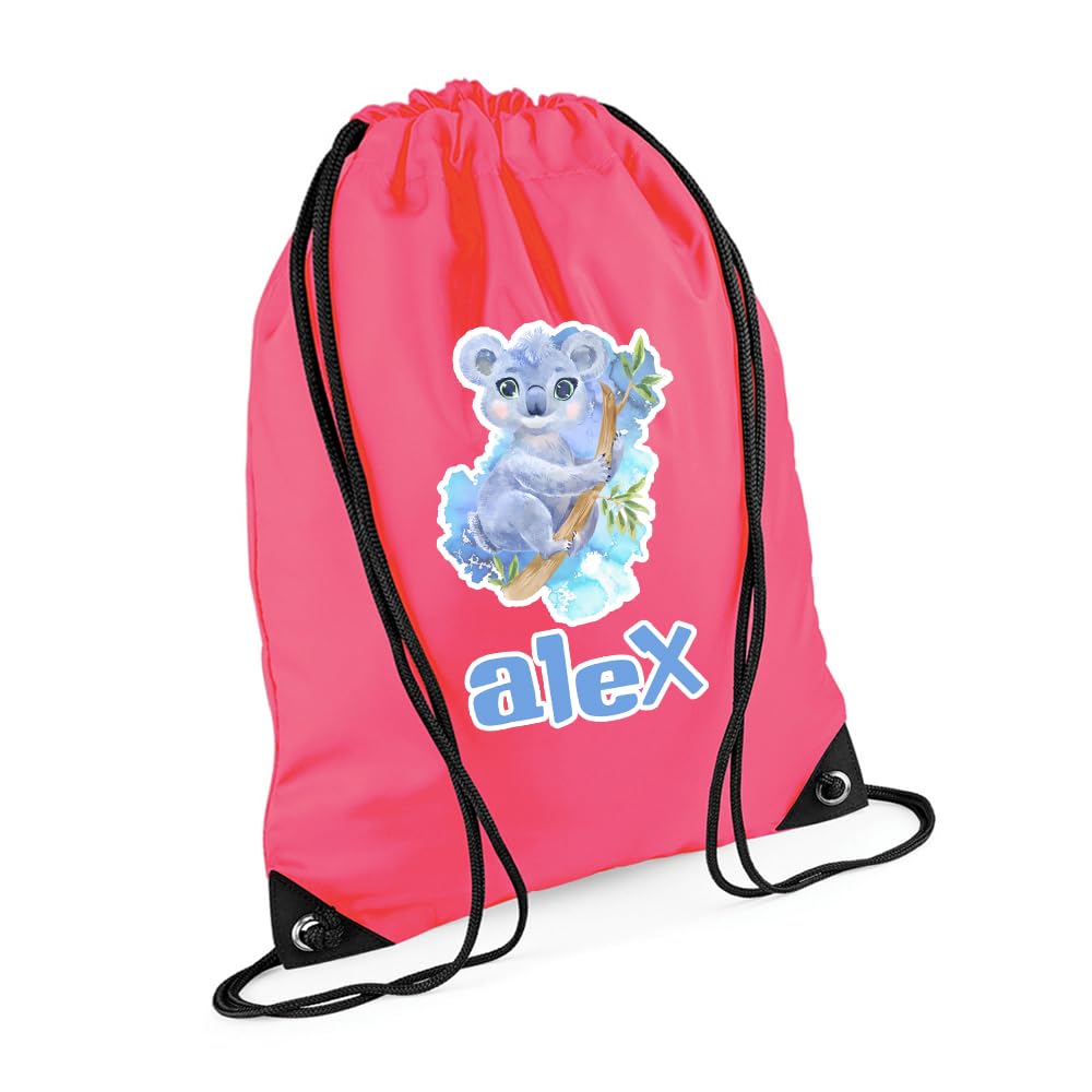 Getagift Personalized Cute Watercolour Koala Drawstring Bag for Kids, Back to School, Waterproof Sports Backpack, PE Kit Bag, Gym and Swimming Bag, Sport Rucksack. (Fluorescent Pink)