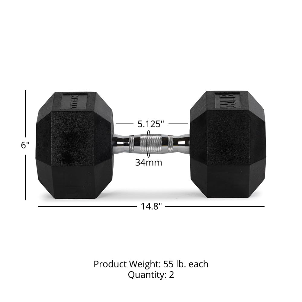 Titan Fitness 55 LB Pair Free Weights, Black Rubber Coated Hex Dumbbell, Ergonomic Cast Iron Handle, Strength Training