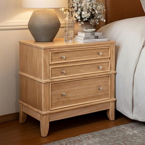 Knocbel Rustic 3-Drawer Nightstand, Solid Wood Sofa Side End Table Bedside Night Stand with Silver Finish Handles, 27.3' L x 17.3' W x 26' H (Hazel)