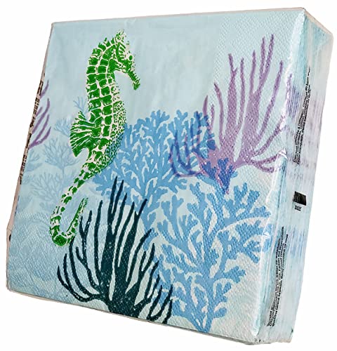 40-ct 13x13 Celestial Seahorse Among Coral Blue | Decoupage Dinner Paper Napkin | Nautical Coastal Napkin | Pretty Blue napkin for Brunch Party