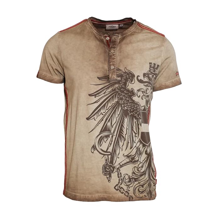 Hoamatkult T-Shirt Österreich Adler Trachten Vintage Look 100% Baumwolle Henley-Knopfleiste kultiges Adlermotiv & perfekte Passform zur Lederhose oder Jeans (XL Hellbraun)