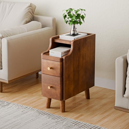 Image of Nightstand, Pre-Assembled, 19.7 inchH Solid Wood Night Stand with 2 Drawers, Open Sliding Shelf, Mid Century Modern Small Bedside Table for Bedroom, Walnut 8 inch