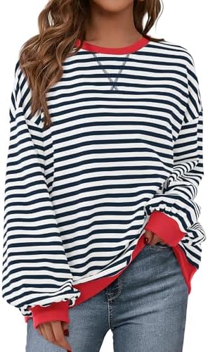 BTFBM Womens Oversized Striped Sweatshirt Crewneck Long Sleeve Pullover Top Casual Y2K Fall Clothes 2025 Workout Shirt