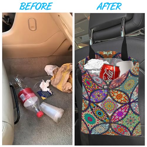 Image of Car Trash Bag Hanging Mandala Flower Car Trash Can Waterproof Garbage Bag Hanging for Car Back Seat
