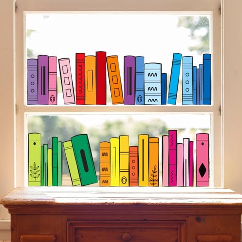 Image of Whaline 9 Sheets Back to School Window Clings Colorful Bookshelf Window Decal Rainbow Color Books Reusable Anti-Collision Glass Sticker for First Day of School Classroom Decor