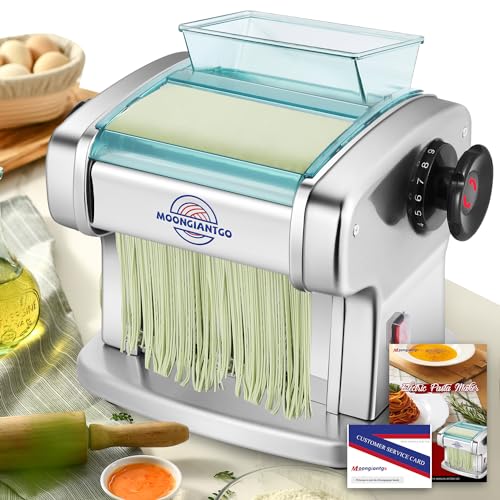 Moongiantgo Machine Pates Fraiches Professionnelle, Acier Inoxydable, Avec Coupeur Rond de 2,5 mm et Plat de 4 mm, Réglage de L'épaisseur à 9 Vitesses 0,5-5...