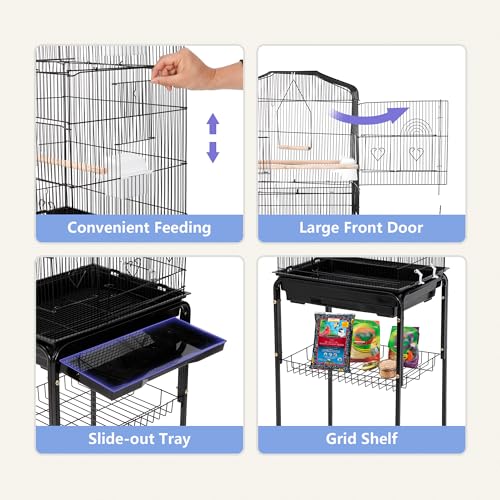 ZENY 63.4 Inch Bird Cage, Rolling Wrought Iron Parrot Cage with Side-Out Tray, Storage Shelf, Pet Bird House for Parrot Cockatiel Cockatoo Parakeet Macaw Finches - Image 4