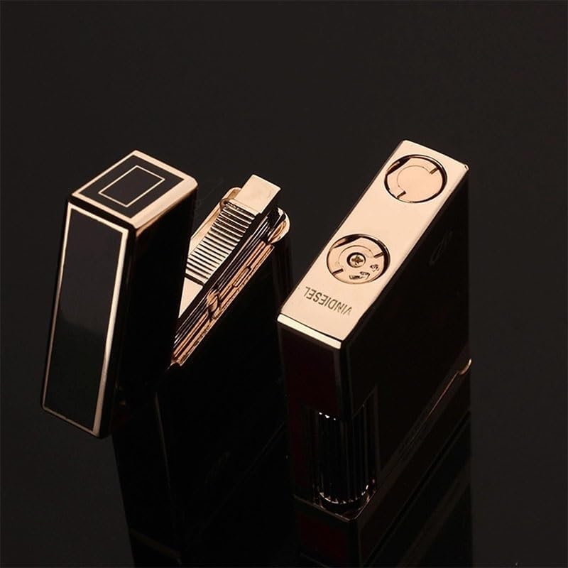 Flint Side Slide Ignition Igniter, Classic Grinding Wheel Lighter, Metal Bright Tone Lighter,Adjustable Soft Flame Lighter Refillable Gas Butane Lighter, for Cigarette/Cigar/Candle Gifts for Men(Black