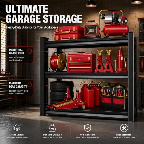 Image of Metal Garage Shelving Unit, Heavy Duty Adjustable Storage Shelves, Steel Shelving, 1500 lbs Capacity Shelves for Heavy Tools and Equipment, 3 Tier, 31.5 inch W x 13.8 inch D x 31.5 inch H