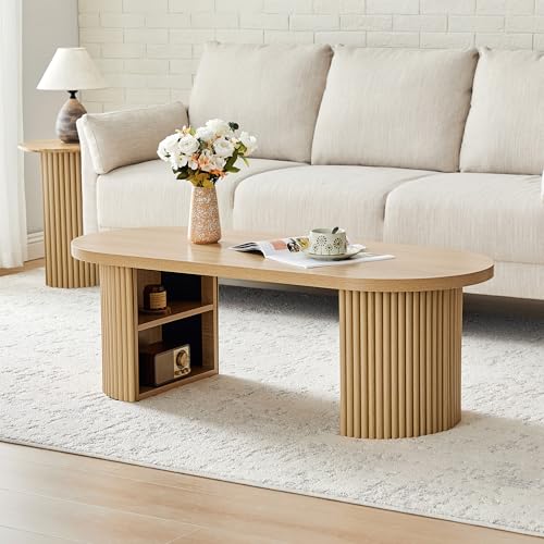 Image of Oval Fluted Coffee Table, 47 inch Farmhouse Wood Coffee Table Mid Century Modern Center Table Boho Living Room Tables for Living Room Office,Natural