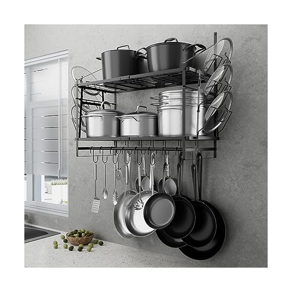 HOYRR Hanging Pot Rack Wall Mounted,30 Inch Wall Hanging Pot Rack,Pot Hangers for Kitchen Wall Mount,Pot And Pan Hanger Side Piece with 2 Pieces Pans Lids Organizer,Wall Pot Rack with Hanging Rod + 16 Hooks
