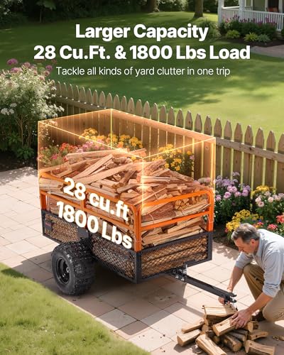 Image of VEVOR 28 Cu.Ft 1800Lbs Steel ATV UTV Trailer Tow Behind Dump Cart, Heavy Duty Pull Behind Utility Dump Trailer for Lawn Mower Trailer Tractor Garden Yard with Removable Rear Panel