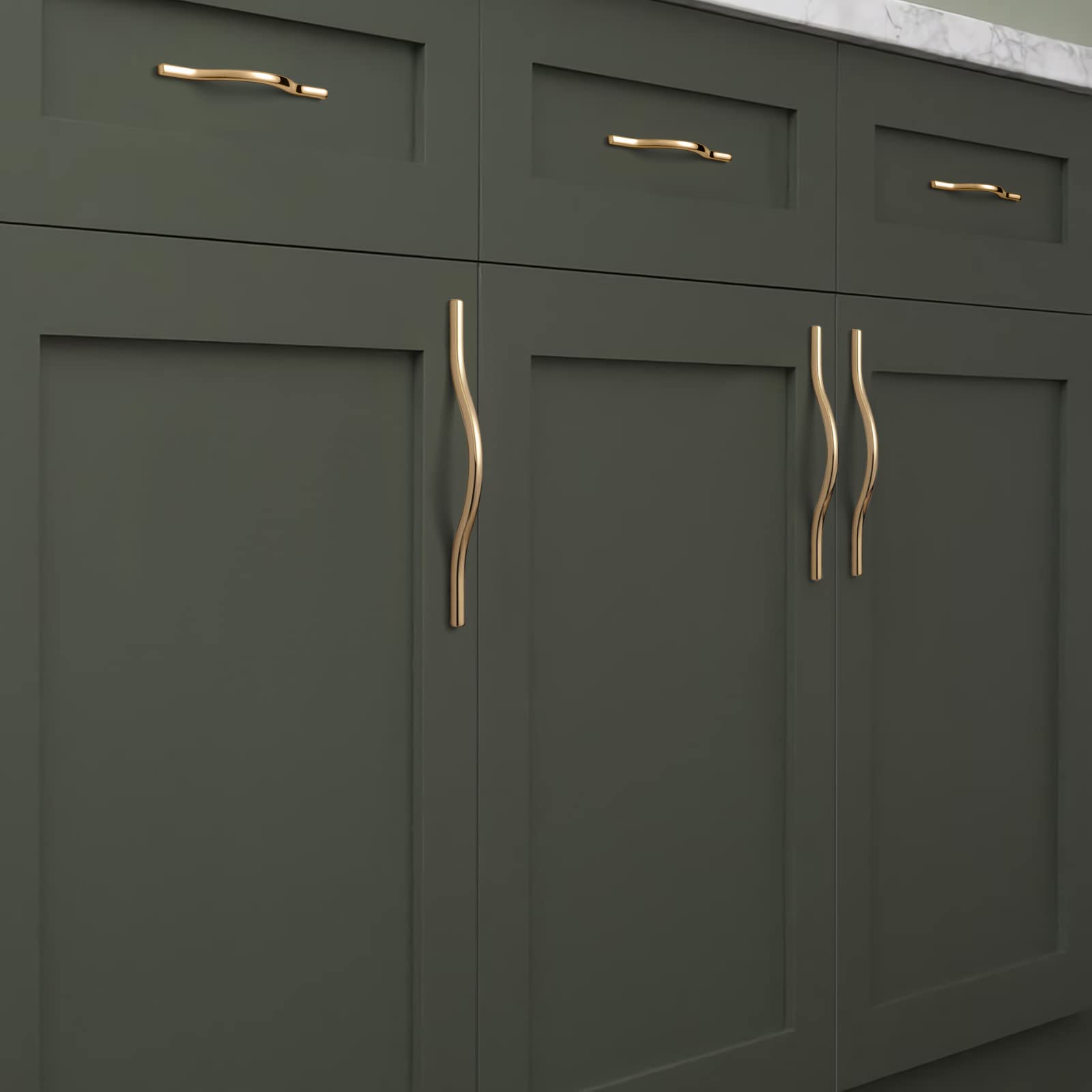 Goo-Ki Low Profile Brushed Brass Cabinet Pulls, Double Hole Centers(3.8''/5'') Zinc Alloy Handle for Drawer Cupboard Wardrobe,6 Packed