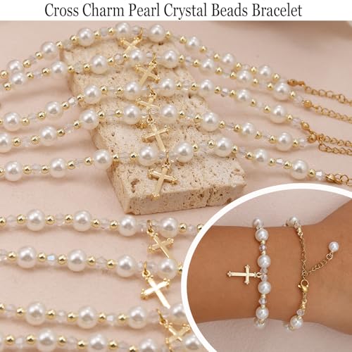 COLOYAN 9 PCS Cross Pearl Rosary Bracelet for Women, Cross Charm Pearl Crystal Beads Bracelet, Adjustable Handmade Rosary Faith Bracelet Jewelry4