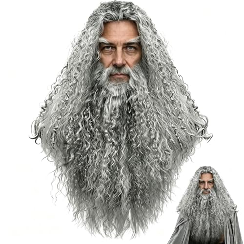 TINVSKQQKJ Grey Wizard Wig and Beard for Men Long Halloween Fake Wizard Beard for Halloween Cosplay Party - image 1