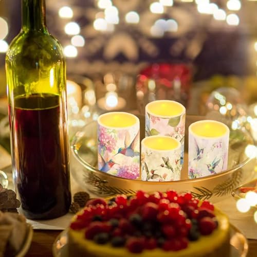 Image of Vintage Flower Hummingbird Flameless Candles Battery Powered LED Pillar Candles Tealights with Remote Timer Color Changing Control for Home Decor Set of 4