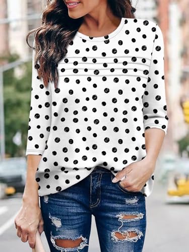 KISSMODA Women's Casual 3/4 Sleeve T-Shirts Round Neck Cute Tunic Tops Basic/Pleated Summer Tops Trendy Spring Blouses