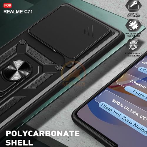 Image of Armor Bumper Back Cover Case for Realme C71 Rotating Camera Cover, Ring Holder & Kickstand | Heavy Duty & 360 Degree Protection Realme C71 Back Cover (Black)