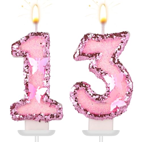 Girls Birthday Number 13 Candles 2.95in Glitter Butterfly Happy Birthday Cake Toppers Pink Sequins Wedding Numeral Cupcake Decorations for Anniversary Celebration Party Supplies (13th)
