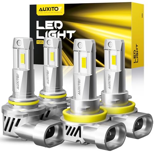 AUXITO Upgraded 9005/HB3 H11/H8/H9 Bulbs Combo 900% Highly Bright 6500K Cool White Real 1:1 Mini Size Canbus Direct Install Plug and Play Pack of 4