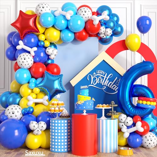 Image of 6th Birthday Decorations Boy, Dog Paw Six Years Old Party Arch with Red Blue Yellow Long Latex Balloons 40 inch Number 6 Balloon and Star Foil for Paw Birthday Party Supplies