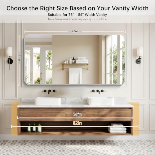 Image of DESBING 72 inchx36 inch Bathroom Mirror for Over Sink, Silver Framed Wall Mirror | High-Definition Shatterproof Vanity Mirror with Rounded Corner for Bedroom Living Room Entryway Horizontally or Vertically