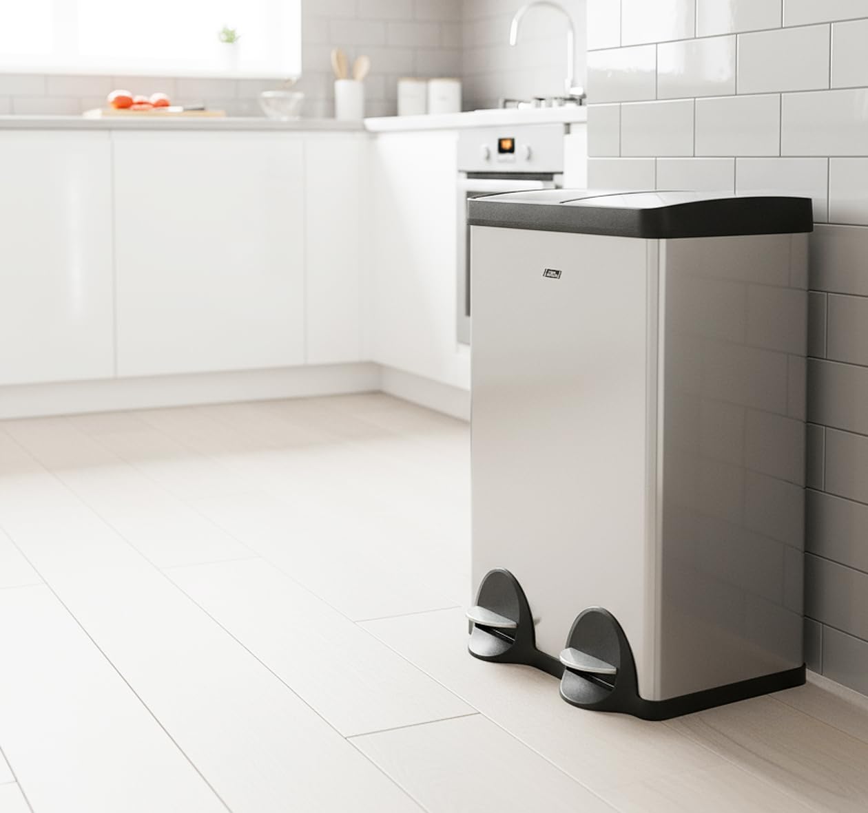 Brooks Metal Steel 60 Liters Waste Bin, Dual Compartment Step Trash Can; Double Bin Trash can/Recycle Combo For Kitchen; For Garbage, Recycling; Features Two Removable Liner Buckets